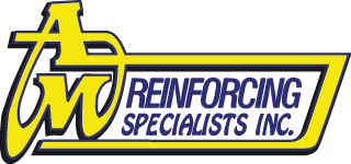 Logo for A&W Reinforcing Specialists Inc. featuring bold yellow and blue stylized lettering with a thick underlined border.